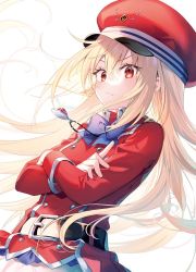 Rule 34 | 1girl, :&lt;, belt, blonde hair, bow, bowtie, buttons, closed mouth, crossed arms, double-breasted, floating hair, hair between eyes, hat, hikikomari kyuuketsuki no monmon, jacket, jewelry, long hair, long sleeves, looking at viewer, necklace, purple bow, purple bowtie, red eyes, red hat, red jacket, riichu, simple background, solo, terakomari gandezblood, very long hair, white background