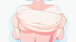 Rule 34 | 1girl, animated, animated gif, blue hair, bouncing breasts, breast drop, breast focus, breasts, censored, clothes lift, head out of frame, heart, highres, large breasts, like and retweet, censored nipples, no bra, novelty censor, original, shirt lift, simple background, solo, theobrobine, upper body