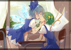Rule 34 | 2girls, absurdres, after kiss, arm rest, arm up, blue dress, blue eyes, blue hair, blue skirt, blue vest, blurry, blurry background, bow, chair, chizoku sawa, cirno, classroom, cloud, commentary request, cowboy shot, curtains, daiyousei, day, desk, dress, eye contact, fairy wings, french kiss, from side, green hair, hair bow, hand on another&#039;s face, highres, indoors, kiss, leaning forward, looking at another, multiple girls, one side up, parted lips, pinafore dress, puffy short sleeves, puffy sleeves, saliva, saliva trail, school desk, shirt, short dress, short hair, short sleeves, sitting, skirt, sleeveless dress, standing, tongue, tongue out, touhou, vest, white shirt, window, wings, yuri