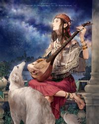Rule 34 | 1girl, anklet, bad id, bad pixiv id, bandana, barefoot, barefoot sandals (jewelry), borzoi, bracelet, brown eyes, brown hair, column, dog, fringe trim, highres, instrument, jewelry, long hair, lots of jewelry, lute (instrument), necklace, night, night sky, official art, pillar, plant, poncho, potted plant, ring, roe (d-c -b), skirt, sky, star (sky), tenkuu no crystalia, toe ring, watermark