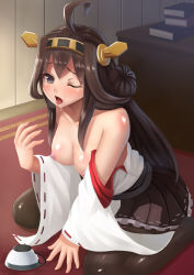 Rule 34 | 10s, 1girl, ahoge, all fours, arm support, black thighhighs, breasts, brown hair, chuppa (katotsuba), clothes pull, cup, detached sleeves, hairband, headgear, japanese clothes, kantai collection, kongou (kancolle), long hair, medium breasts, nipples, nontraditional miko, one eye closed, open mouth, saliva, shirt pull, solo, spill, teacup, tears, thighhighs