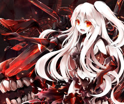 Rule 34 | 10s, 1girl, abyssal ship, aircraft carrier princess, bad id, bad pixiv id, breasts, harapekopikachu, highres, kantai collection, long hair, looking at viewer, midriff, navel, one side up, open mouth, outstretched arm, pale skin, red eyes, sailor collar, side ponytail, solo, torn clothes, very long hair, white hair