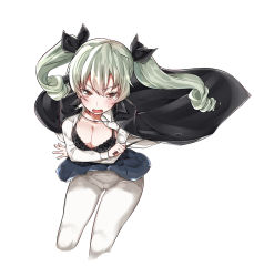 Rule 34 | 10s, 1girl, anchovy (girls und panzer), black bra, black ribbon, blue skirt, blush, bra, breasts, brown eyes, cape, cleavage, collared shirt, crotch seam, drill hair, girls und panzer, green hair, hair between eyes, hair ribbon, highres, large breasts, mitsudoue, open mouth, pantyhose, pleated skirt, ribbon, riding crop, shirt, simple background, skirt, solo, sweatdrop, tears, thighs, twintails, unbuttoned, unbuttoned shirt, underwear, white background, white pantyhose, wind, wind lift