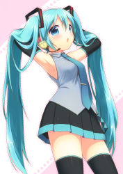 Rule 34 | 1girl, armpits, arms behind head, arms up, blush, child, detached sleeves, hair ribbon, hands in hair, hatsune miku, headset, highres, ribbon, solo, thighhighs, twintails, usashiro mani, vocaloid, zettai ryouiki
