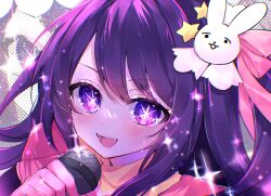 Rule 34 | 1girl, blush, chromatic aberration, commentary request, dress, fangs, hair ornament, highres, holding, holding microphone, hoshino ai (oshi no ko), idol, long hair, microphone, morino wako, one side up, open mouth, oshi no ko, pink dress, pink ribbon, purple eyes, purple hair, rabbit hair ornament, ribbon, sidelocks, solo, sparkle, star-shaped pupils, star (symbol), star hair ornament, sweat, swept bangs, symbol-shaped pupils, teeth, turtleneck, turtleneck dress