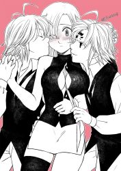 Rule 34 | 10s, 1girl, 2boys, antenna hair, blush, breasts, buttons, cleavage, closed eyes, couple, dark persona, elizabeth liones, greyscale, greyscale with colored background, hair over one eye, harumiya, highres, imminent kiss, medium breasts, meliodas, monochrome, multiple boys, nanatsu no taizai, nose blush, one eye closed, pink background, shirt, single thighhigh, skirt, smile, standing, thighhighs, twitter username