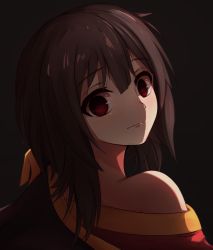 Rule 34 | 1girl, absurdres, bad id, bad pixiv id, bare shoulders, black background, black cape, brown hair, cape, commentary request, dark background, dress, face, highres, kono subarashii sekai ni shukufuku wo!, looking at viewer, medium hair, megumin, pugpuggy, red dress, red eyes, simple background, solo, yandere