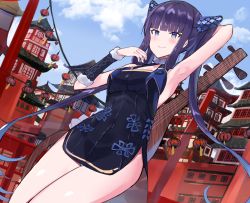Rule 34 | 1girl, architecture, arm behind head, arm up, armpits, bad id, bad pixiv id, bare shoulders, black dress, blue eyes, blue sky, blunt bangs, blush, breasts, china dress, chinese clothes, closed mouth, day, detached sleeves, dress, east asian architecture, fate/grand order, fate (series), hair ornament, highres, lantern, long hair, looking at viewer, medium breasts, nonon (xenonbot), paper lantern, pipa (instrument), purple hair, side slit, sidelocks, sky, smile, solo, thighs, twintails, very long hair, yang guifei (fate), yang guifei (second ascension) (fate)