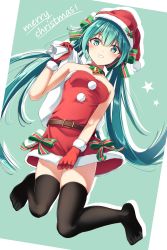 Rule 34 | 1girl, absurdres, aqua background, aqua eyes, aqua hair, black thighhighs, blush, christmas, commentary, dress, full body, fur-trimmed dress, fur-trimmed gloves, fur-trimmed headwear, fur trim, gloves, grin, guri (gri1211), hat, hatsune miku, highres, holding, holding sack, holly, impossible clothes, impossible dress, legs up, long hair, looking at viewer, merry christmas, neck bell, no shoes, red dress, red gloves, red hat, ribbon, sack, santa costume, santa hat, skindentation, skirt hold, smile, solo, strapless, strapless dress, striped ribbon, thighhighs, twintails, very long hair, vocaloid, zettai ryouiki