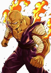 Rule 34 | 1boy, alien, antennae, bald, character request, clenched hands, dragon ball, fire, highres, jumpsuit, kakeru (dbskakeru), pointy ears, purple jumpsuit, simple background, solo, toriyama akira (style), white background