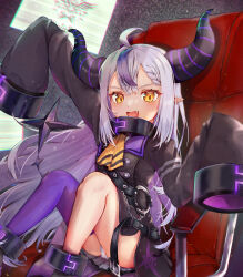Rule 34 | 1girl, absurdres, ahoge, annmitsu114, ascot, black horns, braid, chair, demon horns, eyelashes, fang, highres, hololive, horns, la+ darknesss, la+ darknesss (1st costume), long hair, multicolored hair, open mouth, panties, pantyshot, pointy ears, purple thighhighs, single thighhigh, sleeves past fingers, sleeves past wrists, solo, streaked hair, striped horns, thighhighs, thighs, underwear, very long hair, virtual youtuber, white panties, yellow ascot, yellow eyes