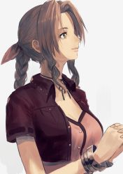 Rule 34 | 1girl, absurdres, aerith gainsborough, black ribbon, bow, bracelet, braid, braided ponytail, breasts, brown hair, brown jacket, choker, cleavage, collared jacket, dress shirt, final fantasy, final fantasy vii, grey background, hair bow, hair intakes, highres, jacket, jewelry, long hair, medium breasts, misaki nonaka, open clothes, open jacket, own hands clasped, own hands together, pink bow, pink shirt, ribbon, ribbon choker, shirt, short sleeves, sidelocks, simple background, solo, square enix, upper body, wing collar