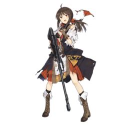 Rule 34 | 1girl, anti-materiel rifle, bird, black dress, bolt-action rifle, bolt action, boots, bra, breasts, brown footwear, brown gloves, bullpup, buttons, dress, falcon (girls&#039; frontline), full body, girls&#039; frontline, gloves, gun, hair between eyes, hair ornament, hao (patinnko), headband, medium hair, muzzle device, official art, red headband, ribbon, rifle, shirt, small breasts, sniper rifle, solo, torn clothes, transparent background, underwear, weapon, white shirt, zvi falcon