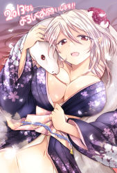 Rule 34 | 10s, 1girl, 2013, blush, bottomless, breasts, brown eyes, chinese zodiac, cleavage, flower, groin, hair flower, hair ornament, japanese clothes, kamiya zuzu, kimono, large breasts, looking at viewer, lying, new year, obi, on back, open mouth, original, pointy ears, red hair, sash, silver hair, snake, snake (chinese zodiac), solo