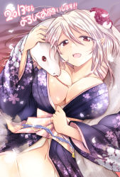 10s 1girl 2013 blush bottomless breasts brown_eyes chinese_zodiac cleavage female_focus flower groin hair_flower hair_ornament japanese_clothes kamiya_zuzu kimono large_breasts looking_at_viewer lying new_year obi on_back open_mouth original pointy_ears red_hair sash silver_hair snake snake_(chinese_zodiac) solo