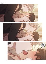Rule 34 | 2boys, absurdres, biting tongue, blush, closed eyes, closed mouth, collared shirt, french kiss, hands on another&#039;s face, highres, ilay riegrow, jeong taeui, kiss, long sleeves, male focus, multiple boys, o ssion, passion (manhwa), shirt, speech bubble, white hair, yaoi