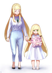 Rule 34 | 2girls, age switch, aged down, aged up, bad id, bad pixiv id, blonde hair, blunt bangs, braid, character doll, clefable, closed eyes, colored skin, creatures (company), dress, french braid, game freak, gem, gen 1 pokemon, green eyes, hair over shoulder, highres, holding hands, ikuchan kaoru, lillie (pokemon), long hair, looking at viewer, lusamine (pokemon), mother and daughter, multicolored skin, multiple girls, nintendo, pokemon, pokemon (creature), pokemon sm, revision, role reversal, sandals, smile, very long hair, white background, white dress