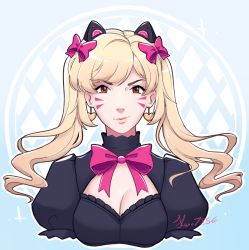 Rule 34 | 1girl, animal ears, black cat d.va, black dress, blonde hair, blue background, bow, bowtie, breasts, cat ears, cleavage, d.va (overwatch), dress, earrings, facepaint, facial mark, frilled dress, frills, hair bow, heart, heart earrings, jewelry, kwinr, light smile, lips, lolita fashion, looking at viewer, medium breasts, official alternate costume, outline, overwatch, overwatch 1, pink bow, pink lips, puffy short sleeves, puffy sleeves, short sleeves, signature, smirk, solo, twintails, upper body, whisker markings