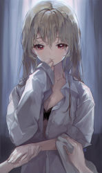 Rule 34 | 1girl, black bra, blush, bra, brown hair, collared shirt, covering own mouth, crying, curtains, dress shirt, eyelashes, grey hair, hair between eyes, hand over own mouth, hand up, highres, holding, holding hands, holding towel, hyatsu, indoors, long hair, looking at viewer, original, out of frame, oversized clothes, oversized shirt, partially unbuttoned, pov, pov hands, red eyes, shirt, sleeves past wrists, solo focus, tears, towel, underwear, upper body, wet, wet clothes, wet hair, wiping