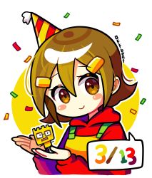 Rule 34 | 5-volt, brown eyes, fronk, hat, highres, in palm, nintendo, offbeat, party hat, short hair, solo, warioware, white background, yellow background