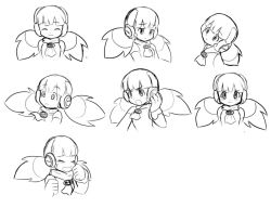 Rule 34 | 1girl, call (mighty no. 9), call h, commentary, expressions, greyscale, head tilt, mighty no. 9, monochrome, pontata, robot ears, sketch, smile, solo, twintails, wide-eyed