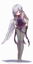 Rule 34 | 1girl, ;), banzi1225, black pantyhose, bow, bowtie, braid, closed mouth, commentary, dress, french braid, full body, grey background, grey hair, grey wings, highres, jacket, kishin sagume, leggings, legs, looking at viewer, one eye closed, pantyhose, purple dress, red bow, red bowtie, red eyes, short hair, simple background, smile, solo, thighband pantyhose, touhou, white background, white jacket, wings
