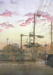 Rule 34 | blue sky, building, cloud, cloudy sky, day, highres, house, no humans, original, outdoors, painting (medium), power lines, road, sky, street, tlctm7h8wdwnthx, town, traditional media, traffic light, tree, utility pole, watercolor (medium)