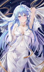 Rule 34 | 1girl, absurdres, age fx, ahoge, arm behind head, arm up, armpits, azur lane, bare shoulders, blue hair, blush, breasts, bridal veil, bride, cleavage, collarbone, commentary request, covered navel, dress, elbow gloves, gloves, helena (azur lane), helena (miracle in white) (azur lane), highres, large breasts, long hair, looking at viewer, official alternate costume, purple eyes, solo, veil, wedding dress, white dress, white gloves