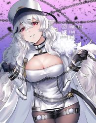 Rule 34 | 1girl, absurdres, azur lane, belt, black gloves, blush, breasts, chain, cleavage, fur trim, gangut (azur lane), gloves, gradient background, hair between eyes, hair ornament, hat, highres, jacket, large breasts, long hair, looking at viewer, military hat, mole, mole under eye, pantyhose, red eyes, silver hair, smile, solo, tini, very long hair