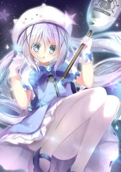 Rule 34 | 1girl, :o, bad id, bad pixiv id, blue bow, blue dress, blue eyes, blue footwear, blue hair, blush, bow, character hat, collared shirt, commentary request, dress, frilled dress, frills, gloves, gochuumon wa usagi desu ka?, hair between eyes, hair ornament, hands up, hat, highres, holding, holding spoon, kafuu chino, long hair, magical girl, natuna natu, oversized object, pantyhose, parted lips, puffy short sleeves, puffy sleeves, shirt, shoes, short sleeves, solo, spoon, star (symbol), tippy (gochiusa), twintails, very long hair, white gloves, white hat, white pantyhose, white shirt, x hair ornament