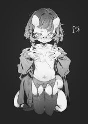 Rule 34 | 1girl, absurdres, bare shoulders, blush, breasts, collarbone, cropped legs, earrings, embarrassed, garter belt, garter straps, glasses, greyscale, hands on own breasts, heart, highres, horns, iyasu shikaku, jacket, jewelry, looking at viewer, monochrome, navel, off shoulder, oni, open clothes, open jacket, original, pointy ears, short eyebrows, short hair, small breasts, solo, thighhighs