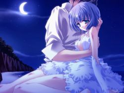 Rule 34 | 1boy, 1girl, bare shoulders, barefoot, beach, black hair, blue eyes, blue hair, breasts, center opening, cleavage, cliff, cloud, crescent moon, detached sleeves, dress, dress shirt, faceless, faceless male, frilled dress, frills, from side, game cg, hand on another&#039;s head, hetero, hug, injury, layered dress, moon, night, night sky, ocean, outdoors, parted lips, quilt, quilt (game), shirt, short hair, sia (quilt), sitting, sky, sleeves rolled up, solo focus, star (sky), starry sky, strapless, strapless dress, sugiyama genshou, sugiyama gensyou, takumi (quilt), tree, wariza, water, white dress, white shirt