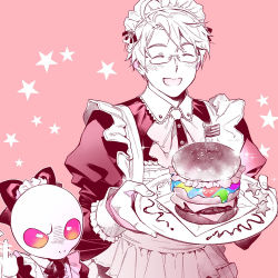 Rule 34 | 2boys, alien, alternate costume, america (hetalia), american flag, angry, apron, axis powers hetalia, bow hairband, burger, crossdressing, enmaided, closed eyes, food, frilled cuffs, glasses, hairband, limited palette, maid, maid apron, maid headdress, middle finger, mini flag, multiple boys, napkin, open mouth, pink background, serving, sleeve cuffs, smile, to@st, tony (hetalia)