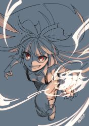Rule 34 | 1girl, 2022, arms up, barefoot, bow, breasts, closed mouth, collared shirt, fire, flying, fujiwara no mokou, grey background, hair bow, hair ornament, hands up, highres, long hair, looking to the side, medium breasts, ofuda, ofuda on clothes, one-hour drawing challenge, pants, red eyes, shikido (khf), shirt, short sleeves, signature, simple background, smile, solo, teeth, touhou