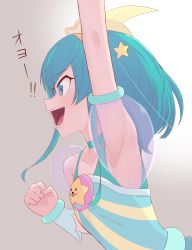 Rule 34 | 1girl, :d, arm up, armpits, blue eyes, blue hair, choker, collarbone, cure milky, flat chest, grey background, hagoromo lala, hair ornament, highres, magical girl, open mouth, precure, profile, see-through, simple background, smile, solo, star (symbol), star hair ornament, star twinkle precure, unpale, upper body