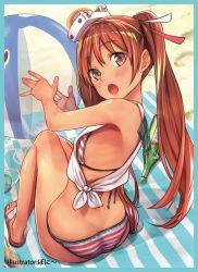 Rule 34 | 10s, 1girl, ass, baffu, ball, bare legs, beach, beachball, bikini, blue border, blush, border, breasts, brown eyes, brown hair, dimples of venus, from above, from behind, highres, kantai collection, libeccio (kancolle), long hair, looking at viewer, looking back, open mouth, sandals, shirt, sitting, sleeveless, sleeveless shirt, small breasts, solo, striped bikini, striped clothes, swimsuit, tan, tied shirt, twintails
