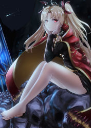 Rule 34 | 1girl, absurdres, bad id, bad pixiv id, bare legs, black dress, blonde hair, bow, cape, commentary request, dress, earrings, ereshkigal (fate), fate/grand order, fate (series), hair bow, highres, jewelry, ka1se1, long hair, looking at viewer, parted bangs, red bow, red cape, red eyes, shooting star, single sleeve, sitting, solo, tiara