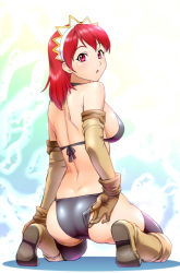 Rule 34 | 00s, 1girl, adjusting clothes, adjusting swimsuit, ass, back, bare shoulders, bikini, black bikini, black thighhighs, boots, cecily cambell, elbow gloves, gloves, headdress, kneeling, looking back, pink eyes, red hair, seiken no blacksmith, solo, swimsuit, thighhighs, ueyama michirou