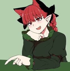 Rule 34 | 1girl, :d, animal ears, bow, braid, cat ears, dress, extra ears, fang, green background, green dress, kaenbyou rin, long sleeves, mizuga, open mouth, pointy ears, red eyes, red hair, smile, solo, touhou, twin braids, upper body