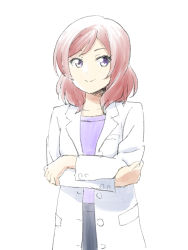 Rule 34 | 1girl, artist name, artist request, black pants, blush, collarbone, doctor, female focus, hair between eyes, highres, jacket, looking at viewer, love live!, love live! school idol project, nishikino maki, pants, purple eyes, purple shirt, rainatsu, rainatsu20, red hair, shirt, short hair, smile, solo, white background, white jacket