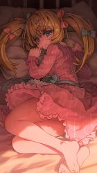 Rule 34 | 1girl, barefoot, blonde hair, blue bow, blue eyes, blush, bow, closed mouth, commission, dress, frilled dress, frills, hair bow, hair ornament, hairclip, heart, heart hair ornament, highres, long hair, long sleeves, looking at viewer, lying, melaton, on bed, on side, original, pillow, pink bow, pink dress, skeb commission, smile, soles, solo, star (symbol), star hair ornament, striped clothes, striped dress, twintails, vertical-striped clothes, vertical-striped dress
