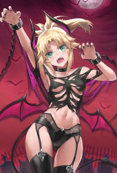 Rule 34 | 1girl, arm up, armpits, bad id, bad twitter id, bare shoulders, black thighhighs, blonde hair, braid, breasts, collarbone, demon girl, demon horns, demon wings, fate/apocrypha, fate (series), french braid, green eyes, halloween costume, highres, horns, long hair, looking at viewer, mordred (fate), mordred (fate/apocrypha), navel, open mouth, parted bangs, ponytail, sidelocks, small breasts, solo, teeth, thighhighs, thighs, tonee, wings