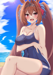 Rule 34 | 1girl, animal ears, bare shoulders, beach, blue one-piece swimsuit, blush, breast hold, breasts, brown hair, cleavage, cloud, collarbone, commentary request, daiwa scarlet (umamusume), day, fang, highres, horse ears, horse girl, large breasts, long hair, nanao (naoekaki25), ocean, one-piece swimsuit, outdoors, red eyes, school swimsuit, sitting, solo, sun, sunlight, swimsuit, tiara, twintails, umamusume, very long hair