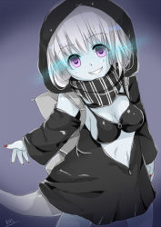 Rule 34 | 10s, 1girl, abyssal ship, bikini, bikini top only, breasts, cleavage, commentary request, dark background, glowing, glowing eyes, grin, hood, hooded jacket, hoodie, jacket, kantai collection, looking at viewer, medium breasts, miyamori raira, o-ring, o-ring top, pale skin, purple eyes, re-class battleship, scarf, simple background, smile, solo, swimsuit, teeth, white hair