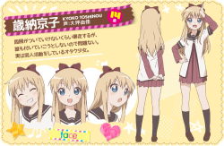 Rule 34 | 1girl, :d, :o, black legwear, blonde hair, blue eyes, bow, expressions, hair bow, own hands clasped, heart, multiple views, musical note, official art, open mouth, own hands together, school uniform, serafuku, shoes, smile, star (symbol), toshinou kyouko, turnaround, yuru yuri