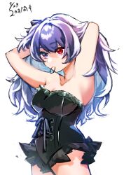 Rule 34 | 1girl, absurdres, armpits, bare shoulders, black leotard, blue hair, breasts, cleavage, collarbone, cowboy shot, hair intakes, hair tie in mouth, highres, large breasts, leotard, long hair, mouth hold, sakana no hone, simple background, solo, tokyo ghoul, tokyo ghoul:re, translation request, twintails, white background, yonebayashi saiko