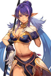 Rule 34 | 1girl, armor, bikini, bikini armor, blue bikini, blue skirt, breasts, cleavage, gloves, hair bun, hungry clicker, judith (tales), large breasts, long hair, looking at viewer, midriff, navel, pointy ears, polearm, purple eyes, revealing clothes, shrug (clothing), simple background, skirt, smile, spear, standing, swimsuit, tales of (series), weapon, white background, white gloves