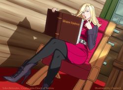 Rule 34 | 1girl, absurdres, artist name, belt, black pantyhose, blonde hair, blue eyes, book, castlevania (series), castlevania: dawn of sorrow, character name, commentary, commission, copyright name, crossed legs, danfer3, drawer, dutch angle, english commentary, female focus, finger to mouth, grimoire, head tilt, high heels, highres, holding, holding book, indoors, konami, long hair, long sleeves, open book, pantyhose, shadow, sitting, yoko belnades
