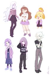 Rule 34 | 1boy, 5girls, ahoge, alternate costume, amity blight, animal, animal crossing, bee (bee and puppycat), bee and puppycat, bell, bev johnson, black dress, black hoodie, black pants, black pantyhose, black shirt, black skirt, blue skirt, brown hair, cardigan, cat, danganronpa (series), danganronpa 2: goodbye despair, dress, full body, ghost (the owl house), hair over one eye, highres, hood, hoodie, isabelle (animal crossing), jingle bell, komaeda nagito, lady amalthea, little witch academia, long hair, looking at viewer, medium hair, messy hair, multicolored hair, multiple girls, nintendo, pale skin, pants, pantyhose, pink hair, plaid, plaid pants, puppycat, purple cardigan, purple hair, purple skirt, red eyes, shirt, shoes, short hair, skirt, sneakers, standing, striped clothes, striped sweater, sucy manbavaran, sweater, the last unicorn, the owl house, very long hair, white background, white cat, white hair