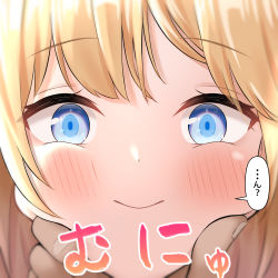 Rule 34 | 1girl, absurdres, blonde hair, blue eyes, blush, close-up, closed mouth, hand on another&#039;s chin, highres, hololive, hololive english, pemoyashi (tianoblue), smile, speech bubble, translated, virtual youtuber, watson amelia
